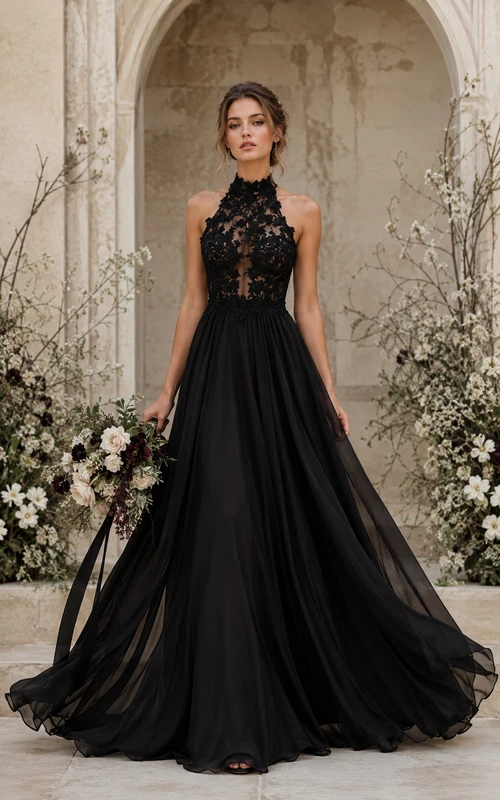 Black Halter Lace Bodice Tulle Wedding Dress