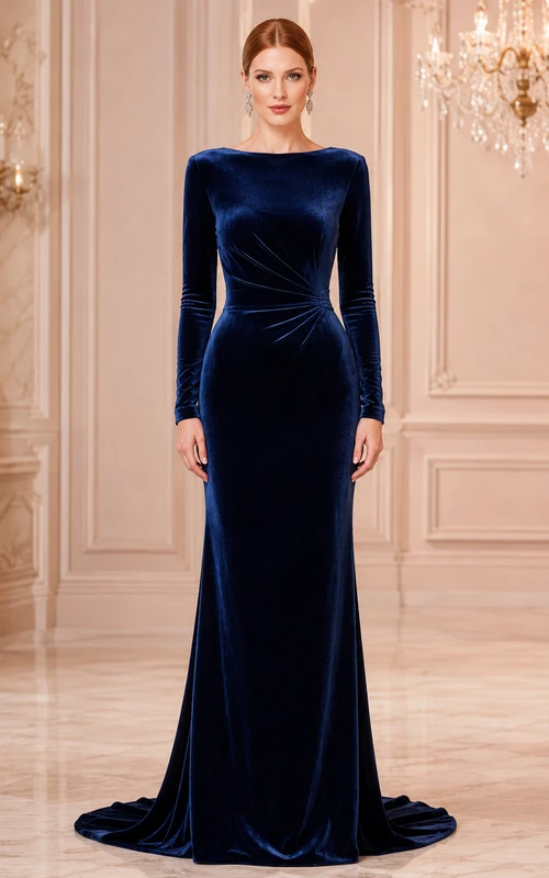 Robe de soirée sirène à manches longues en velours bleu marine foncé, style bateau, en velours bleu marine foncé