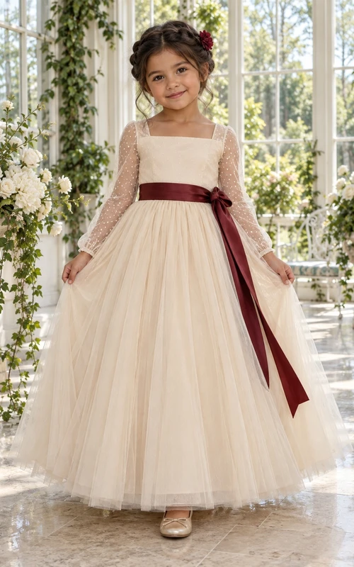 Square-Neck Long-Sleeve Ivory A-line Tulle Dotted-sleeve Floor-length Burgundy-sashed Flower Girl Dress