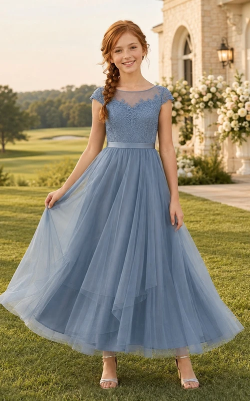Mintgrünes Brautjungfernkleid für junge Mädchen, A-Linie, V-Ausschnitt, kurze Blütenblattärmel, elegant