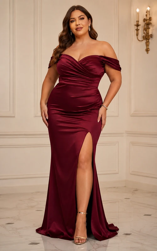 Satin Evening Dress in Burgundy, Off-the-shoulder, Sweetheart Mermaid Floor-Length Gown with Drape and Ruching
