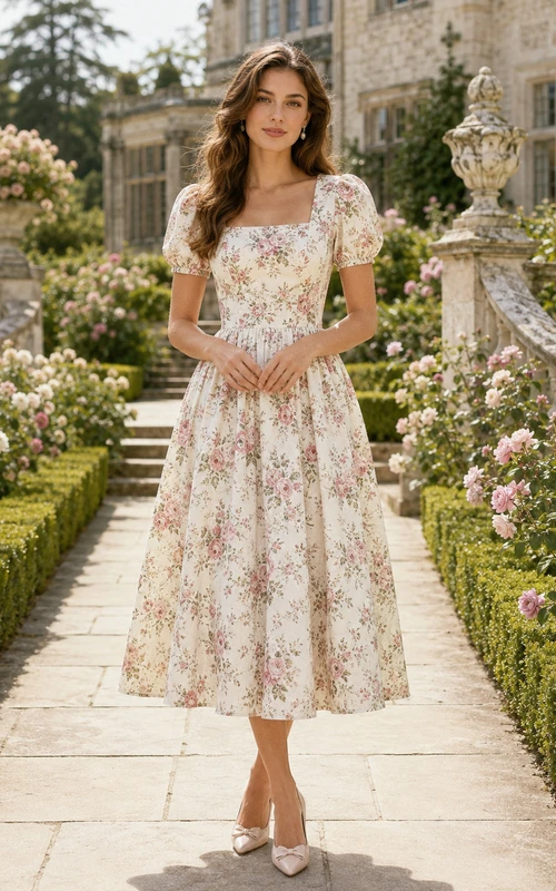 Cream Floral Square Neck Cap Sleeve Country Tea Dress