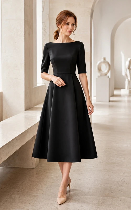 Black Bateau Neck Half Sleeve A Line Gallery Midi Dress