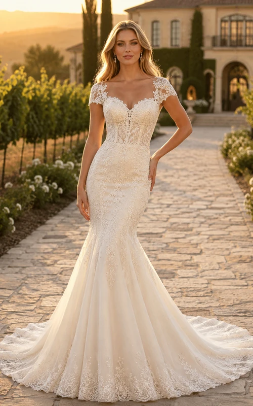 Sexy Off Shoulder Lace Wedding Mermaid Sweetheart Cap Sleeves Chapel Train
