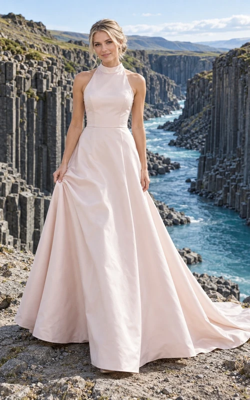 Vestido de novia de corte A en tafetán color rosa empolvado, sin mangas y con cuello alto.
