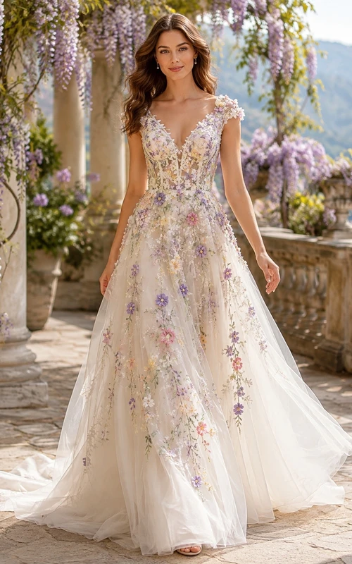 Vestido de novia formal de corte A con escote en V, estilo romántico y lujoso.
