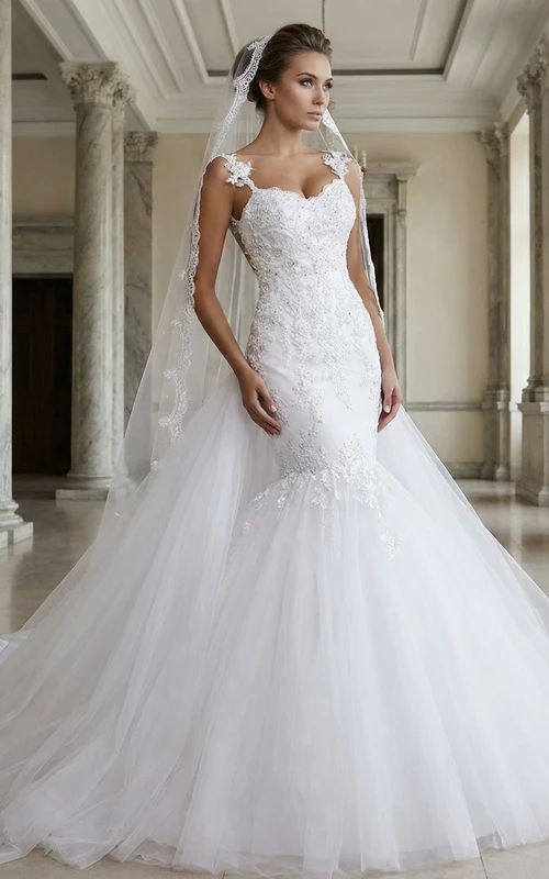 Vestido de novia estilo sirena desmontable con velo a juego.