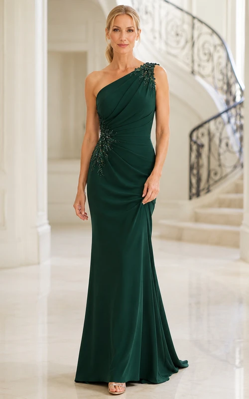 Vestido de noche ajustado de un solo hombro en color verde oscuro con detalle de cuentas en el hombro y cintura fruncida.