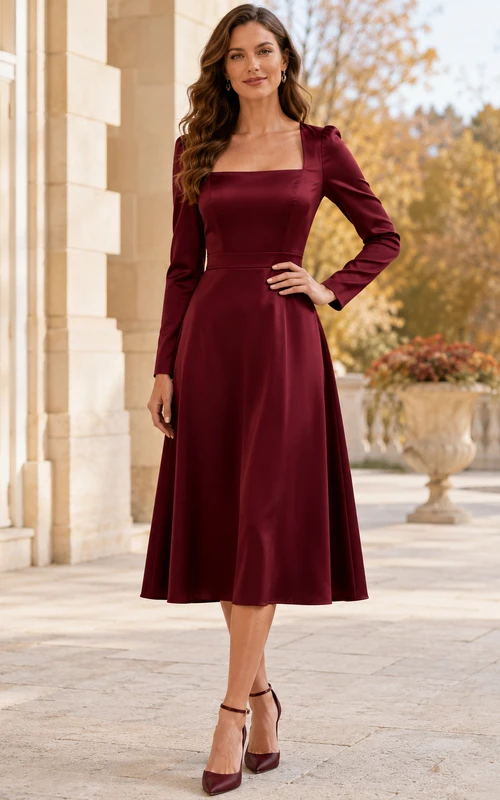 Claret Square Neck Long Sleeve Satin A-Line Tea Wedding Guest Dress