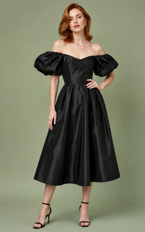 robe de cocktail trapèze en taffetas noir à épaules dénudées et manches bouffantes