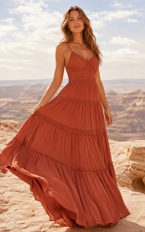 Bohemian Rust Halter Sleeveless Floor-length Chiffon Tiered Beach Dress