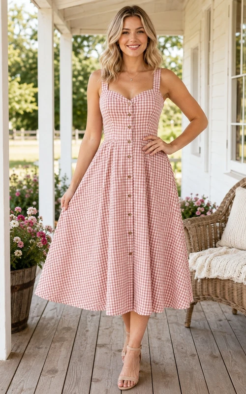 Robe vintage rose poudré à carreaux vichy, bretelles boutonnée, longueur midi, coupe trapèze