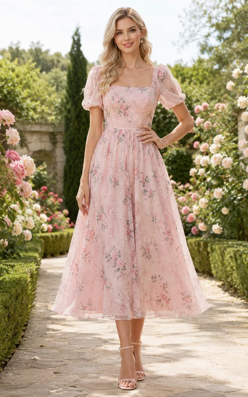 Rose Promenade Blush A-Line Tea-Length Square Short-Sleeve Chiffon Romantic Guest Dress