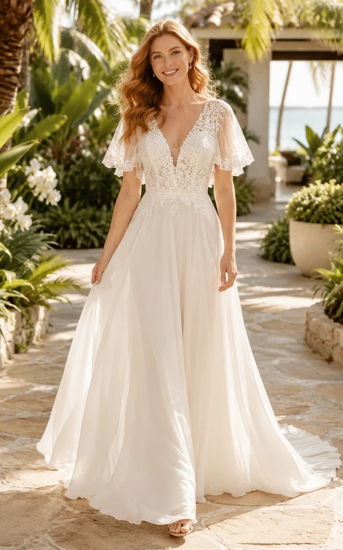 Beach Lace Tulle Wedding Dress A-Line V-Neck Cap Sleeve Sweep Train Bridal Gown