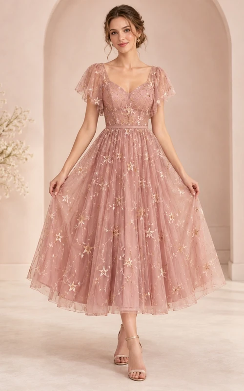Dusty Rose V-neck Star Embroidered Flutter Sleeve Party Dress