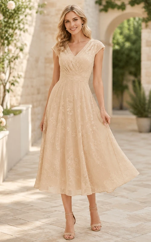Taupe Guest Dress A-Line Lace V-Neck Cap Sleeve Tea-Length Romantic Garden Style