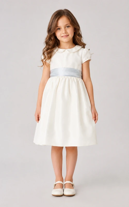 Vestido de niña de las flores de satén color marfil con corte en A, fajín azul y falda a la altura de la rodilla.