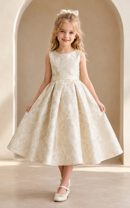 Robe de demoiselle d'honneur élégante et formelle, couleur champagne, à imprimé floral jacquard, col rond, sans manches, plissée, longueur thé, coupe trapèze, col rond, col rond, sans manches.