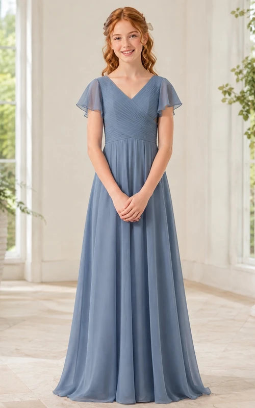 Elegantes, stahlblaues Brautjungfernkleid für junge Damen, A-Linie, V-Ausschnitt, kurze Ärmel, aus elegantem Chiffon.