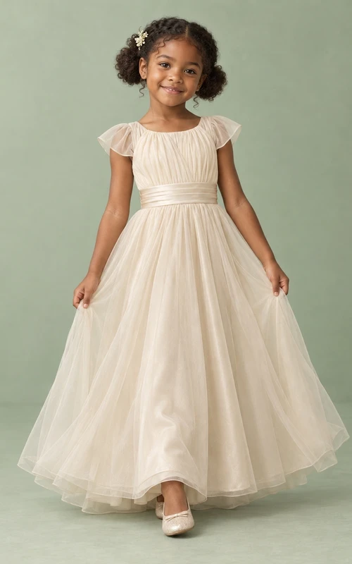 Champagne A-line Sheer-skirt Flutter-sleeve Pleated-bodice Floor-length Folded-waist Scoop-back Flower Girl Dress