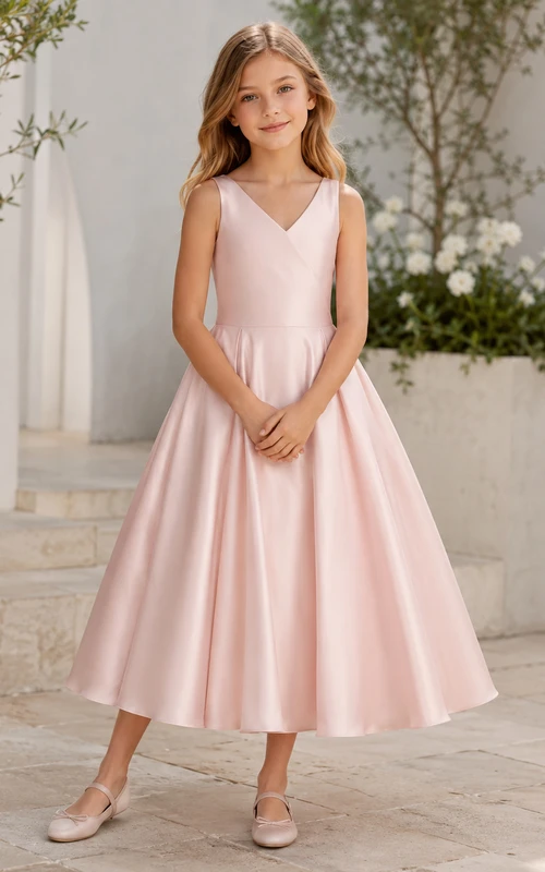 Flower Girl Dress Ivory Satin A-Line Square Neck Tea Length Bow Detail