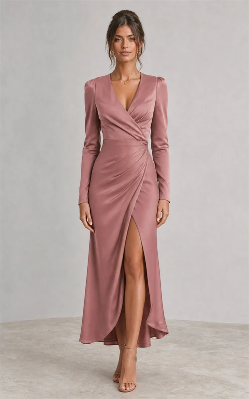 Robe fourreau longue à manches longues en satin rose poudré avec fente