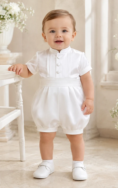 White Double Button Bib Short Sleeve Baptism Bubble Romper for Baby Boy