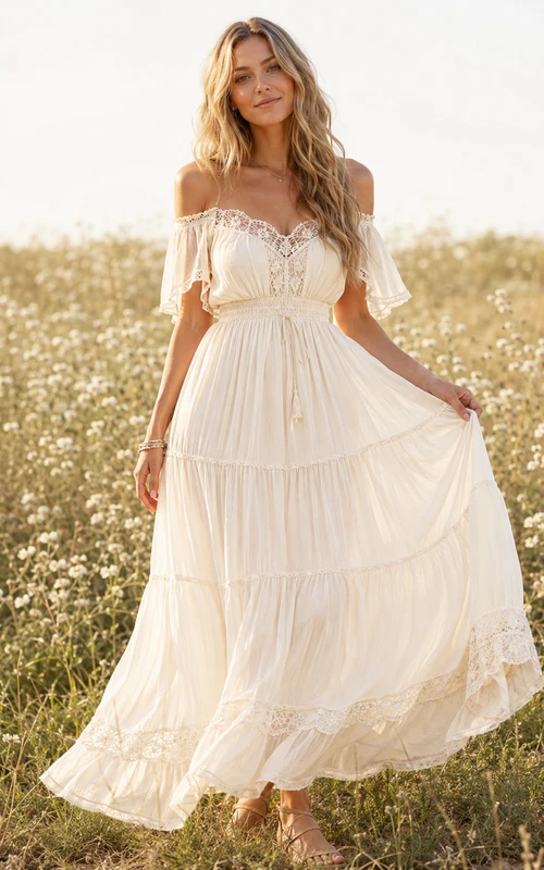 Ivory Off-Shoulder Tiered Chiffon Lace Bohemian Country Dress Refined Occasion