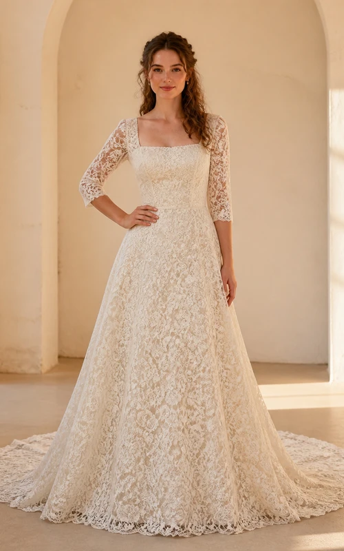 Vestido de novia vintage de gala con escote cuadrado, mangas tres cuartos y largo hasta el suelo, con escote de volantes llamativos.