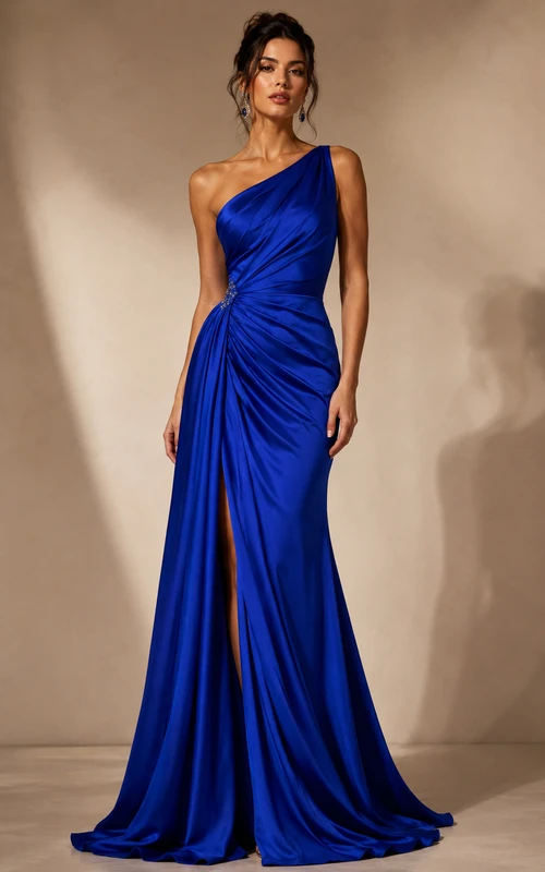Königsblaues, schulterfreies Abendkleid mit elegantem Drapé und seitlichen Kristallverzierungen