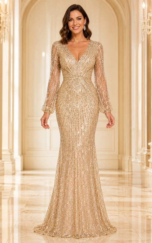 Robe de soirée fourreau champagne à sequins, manches longues et col en V