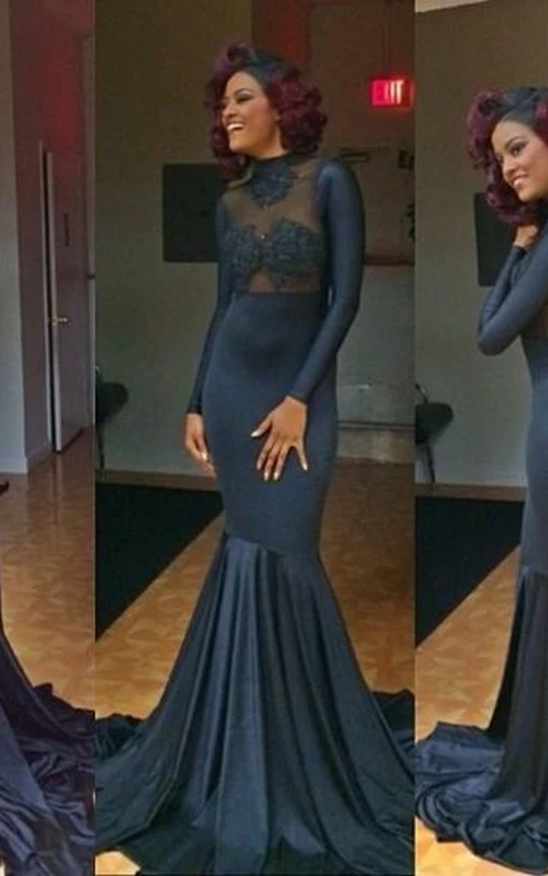Vestidos de noche sexys estilo sirena con cuello alto, apliques y mangas largas para fiestas de graduación.