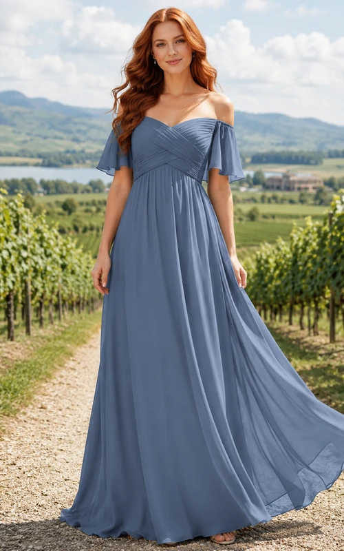 Steel Blue Chiffon A-Line Off-Shoulder Sweetheart Flutter Sleeve Pleated Zip Back Floor-Length Bridesmaid Dress