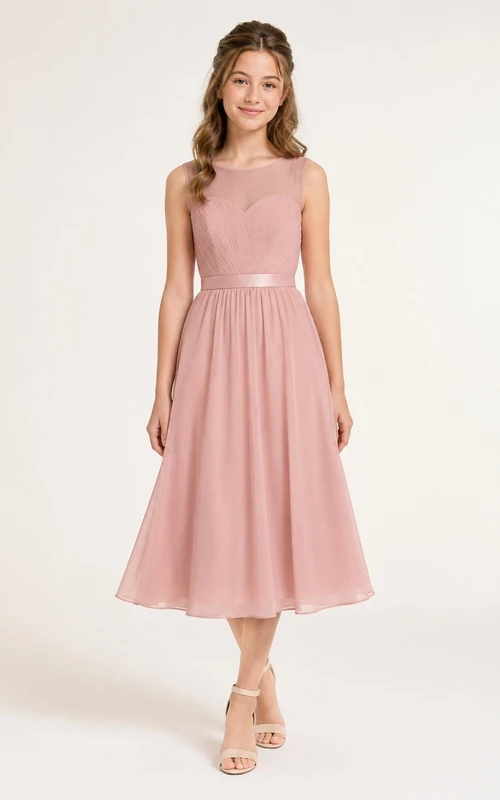 Elegantes, ärmelloses, wadenlanges Chiffonkleid in Altrosa für junge Brautjungfern.