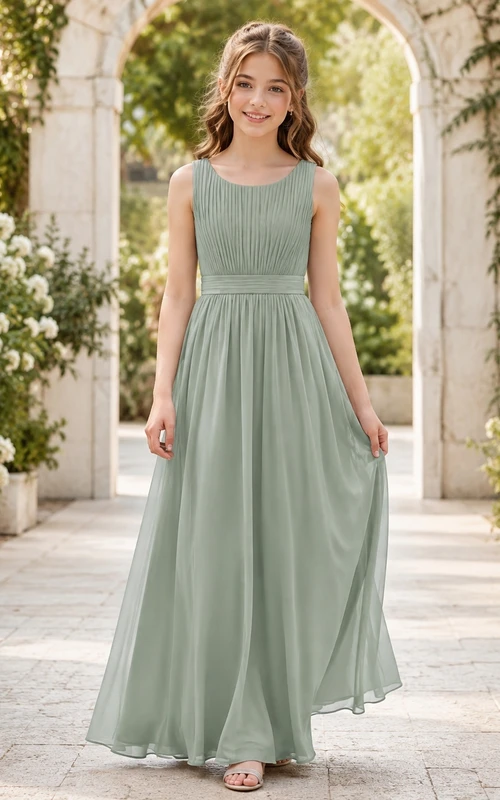 Celadonfarbenes Brautjungfernkleid in A-Linie mit juwelenbesetztem, ärmellosem Chiffon-Oberteil und Faltenrock, elegant