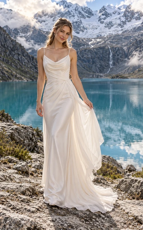 Vestido de novia de gasa con escote drapeado, tirantes finos, cintura fruncida y falda tubo.