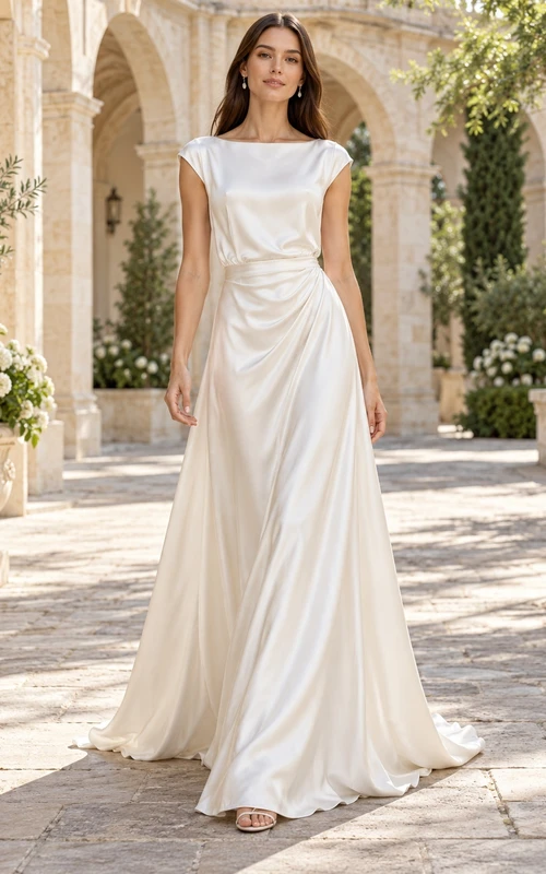Simple Bateau Cap Sleeve Draped Satin A-line Bridal Wedding Dress