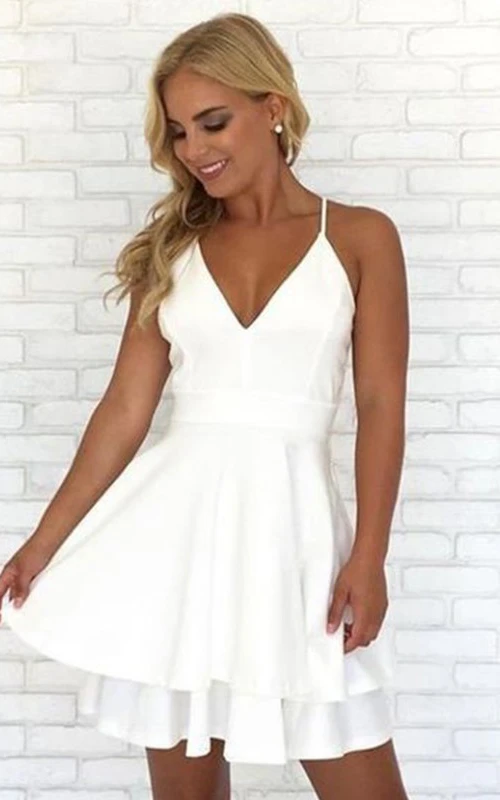 Ärmelloses Mini-Kleid aus Chiffon in A-Linie mit Spaghettiträgern, V-Ausschnitt, Reißverschluss und Schlüssellochausschnitt – kurzes Homecoming-Kleid