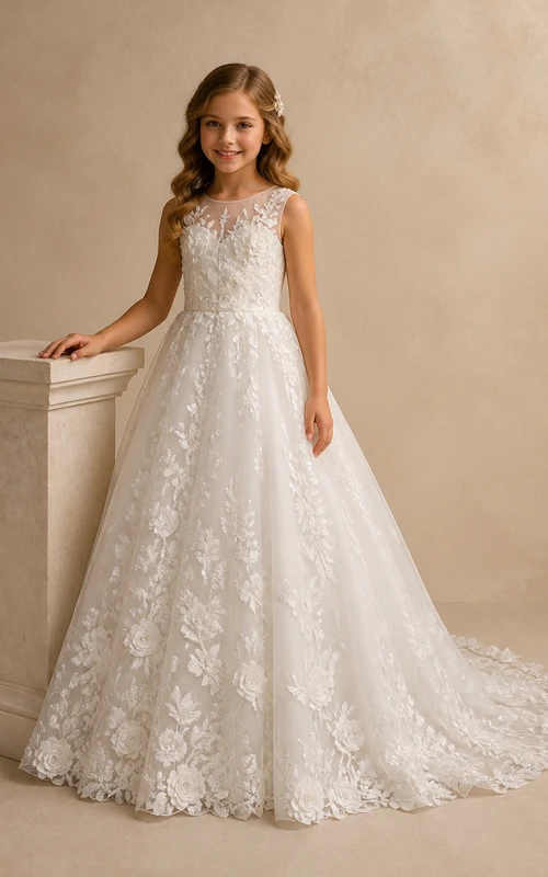 Princess Ivory A-Line Scoop Sleeveless Floral Lace Chapel Train Flowergirl Dress