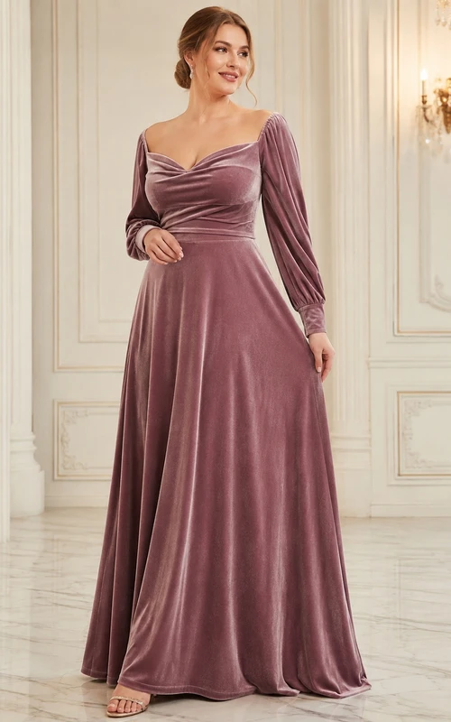 Vintage Mauve Cowl Neck Long Sleeve Velvet A-Line Floor-Length Dinner Dress