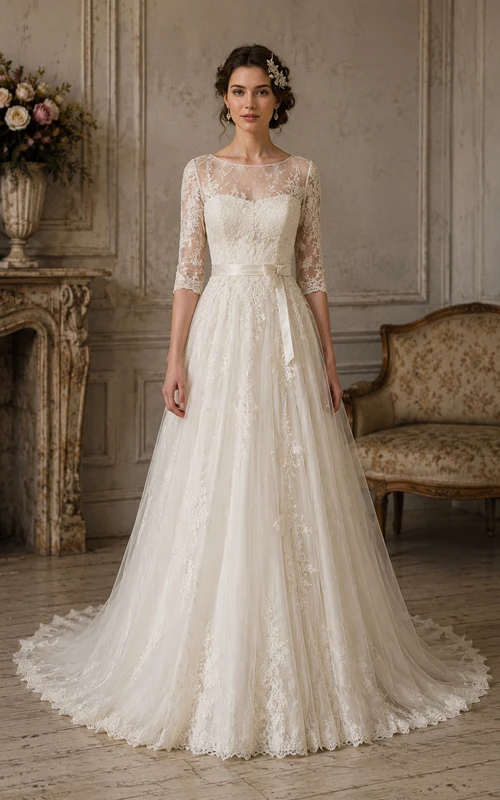 Vintage 3/4 Sleeve Lace A-Line Chapel Wedding Dress