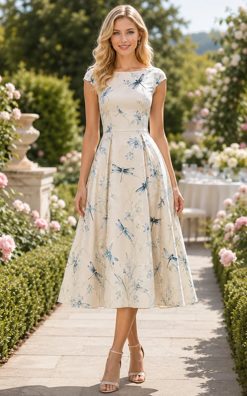 Dragonfly Print Garden Cap Sleeve A-Line Tea-Length Dress