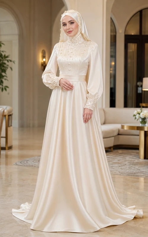 Modest Muslim Lace Bodice Satin A-Line Bridal Dress With Sweep Train