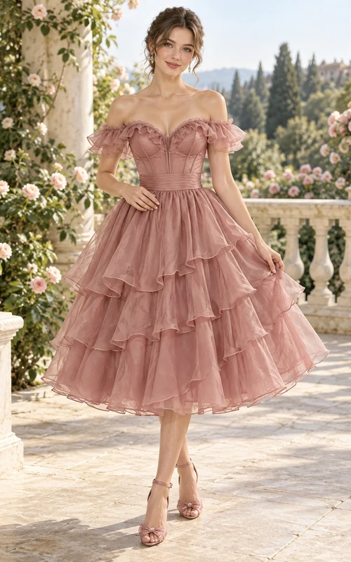 Robe de bal vintage rose poudré mi-longue à volants superposés, épaules dénudées et épaules dénudées