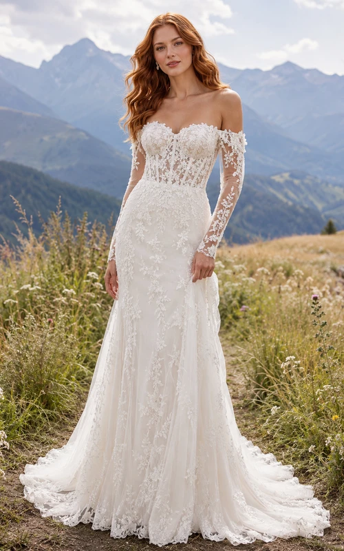 Brautkleid im Landhausstil mit Spitze, Meerjungfrauenschnitt, schulterfrei, Schleppe und tiefem V-Ausschnitt