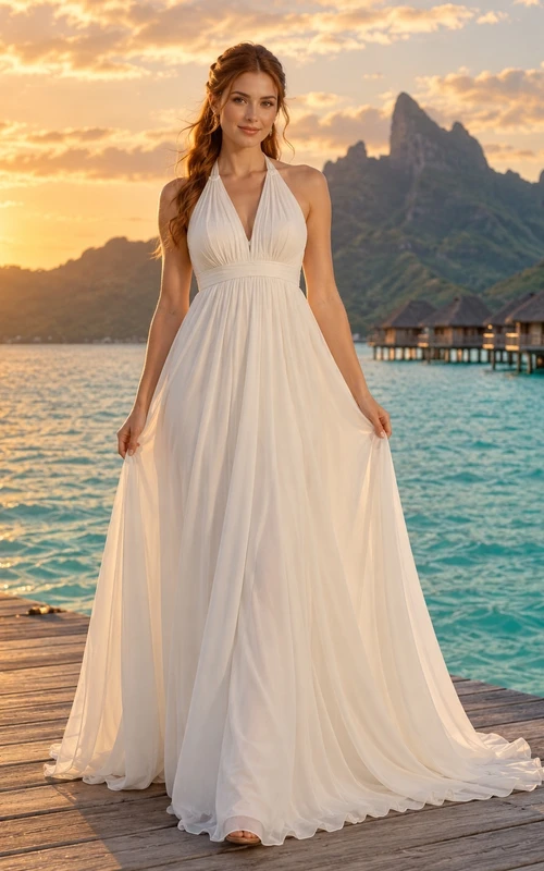 Schlichtes, ärmelloses A-Linien-Brautkleid mit Neckholder und V-Ausschnitt, gerafft