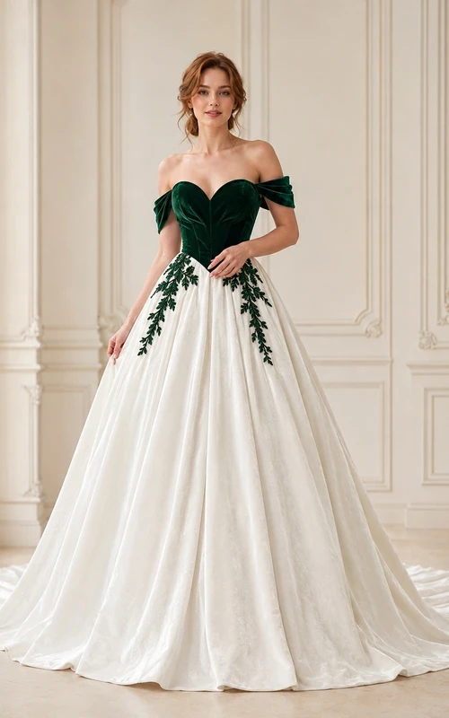 Elegantes Brautkleid aus smaragdgrünem Samt in A-Linie mit schulterfreiem Schnitt, kurzen Ärmeln und Schleppe