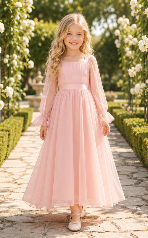 Robe romantique longue jusqu'aux chevilles, coupe trapèze, style champêtre, en mousseline rose poudré, manches longues et col carré, idéale pour une demoiselle d'honneur.