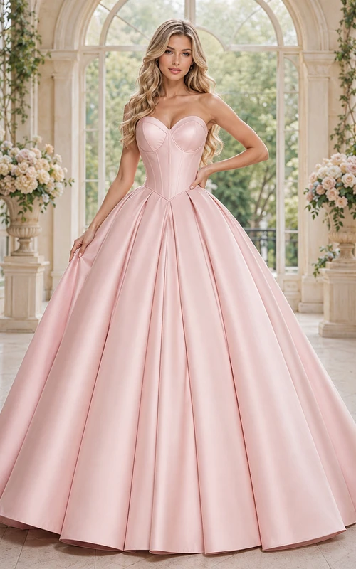 Blush Structured Strapless Sweetheart Pleated Mikado Satin Quinceanera Princess Ball Gown