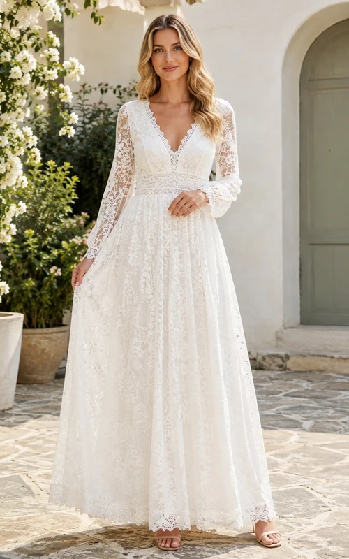 Long Sleeve Deep-V Lace A-Line Floor-Length Boho Romantic Wedding Dress